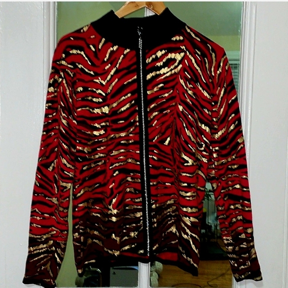 Draper's & Damon's Vintage Red Tiger Stripe Rhinestone Cardigan, Size XLP - Picture 1 of 5